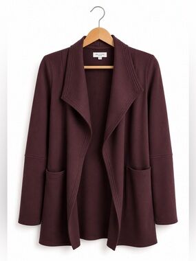 Max Studio Burgundy Open Front Drape Cardigan Small Soft Knit Pocket Athleisure